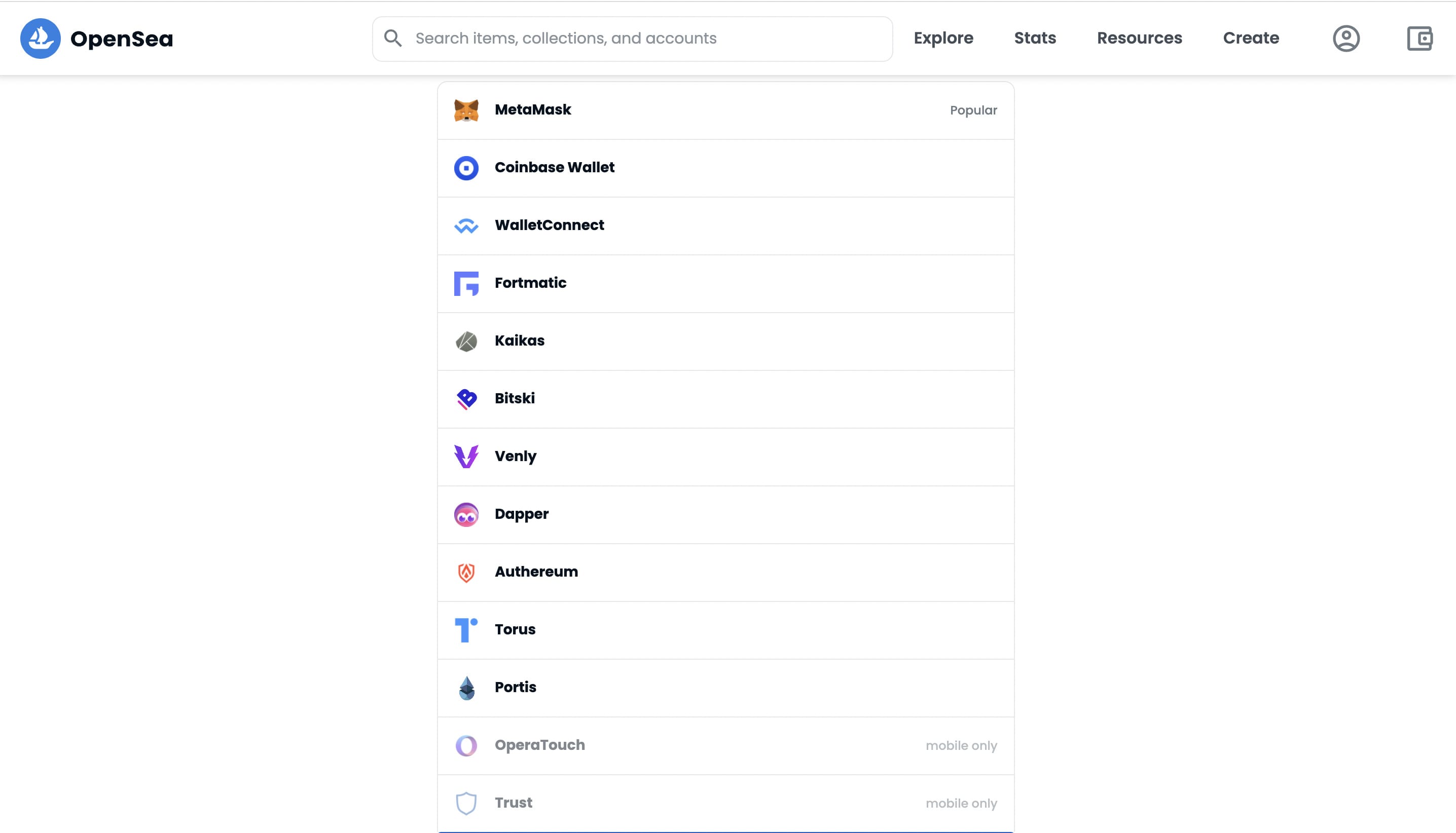 Список криптокошельков на OpenSea (скриншот с платформы) Список криптокошельков на OpenSea (скриншот с платформы)