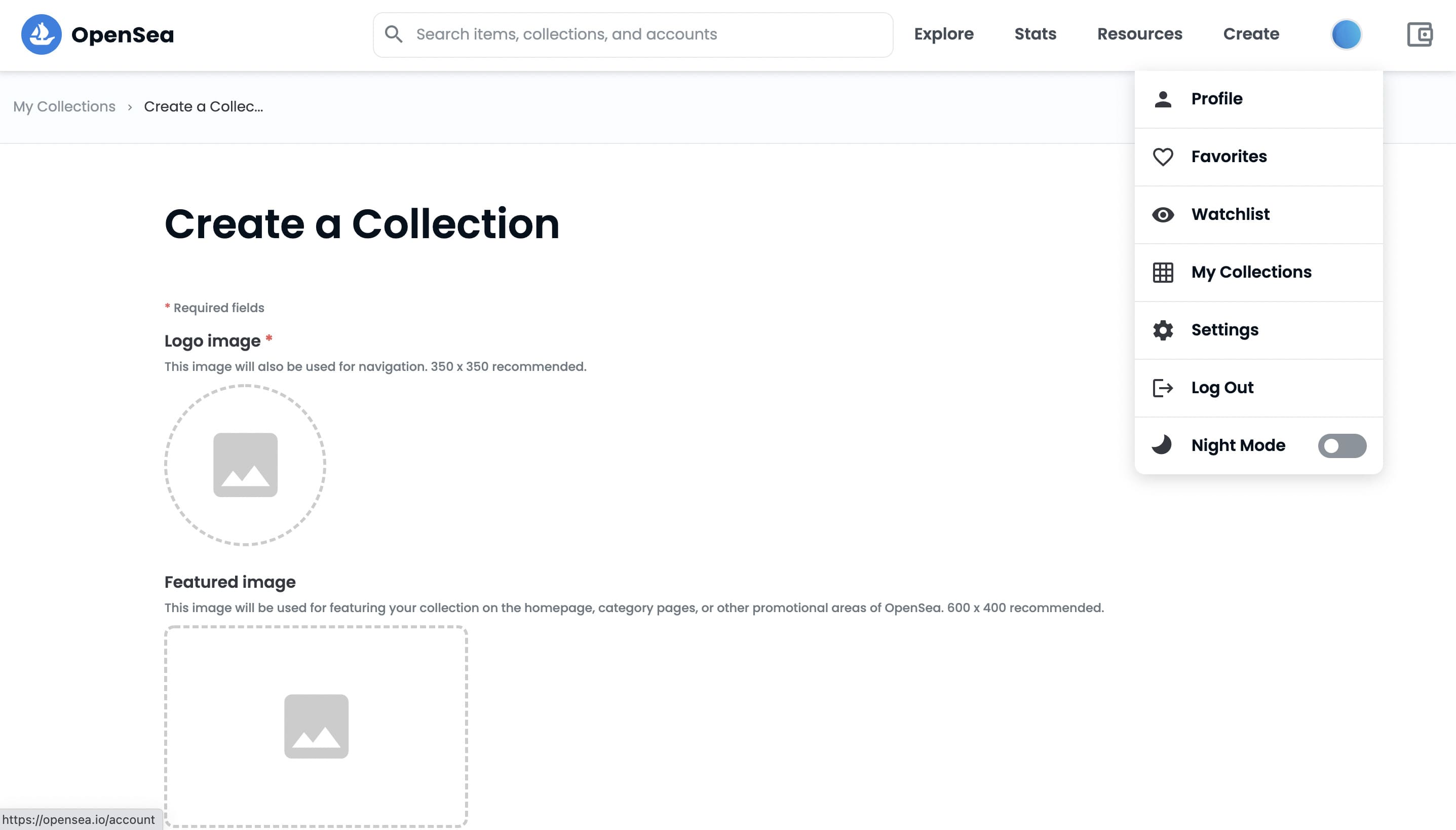 Создать коллекцию на OpenSea (скриншот с платформы) Создать коллекцию на OpenSea (скриншот с платформы)