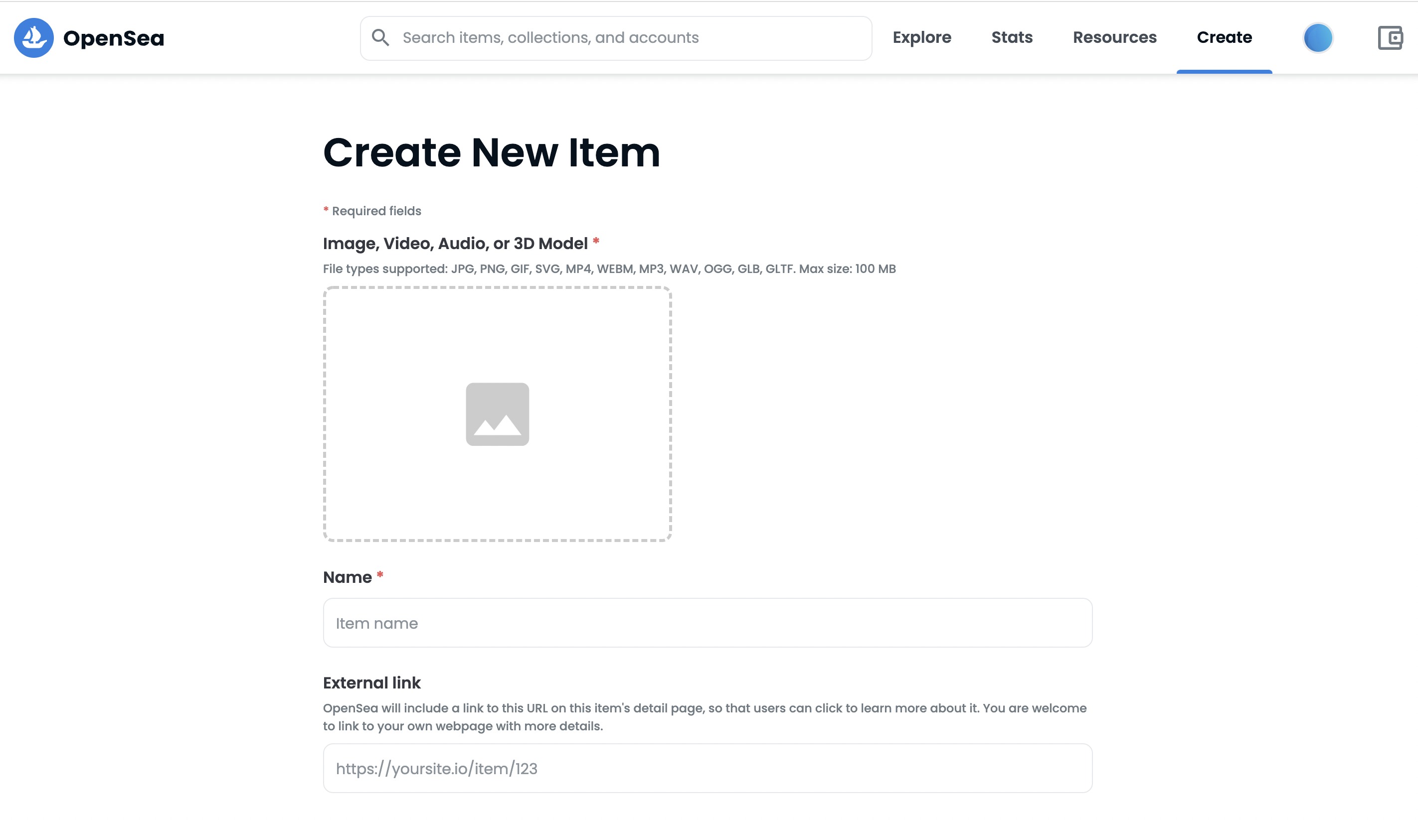 Создать NFT на OpenSea (скриншот с платформы) Создать NFT на OpenSea (скриншот с платформы)