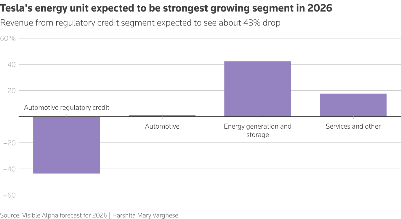 Grafico a colonne che mostra la crescita prevista dei ricavi per i segmenti Tesla quest'anno, inclusi la generazione e lo stoccaggio automobilistico ed energetico