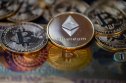 Bitcoin and ether Representation of the digital crypto Ethereum and bitcoin