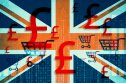 The UK flag with shopping carts and cash registers