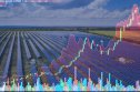 Solar energy stocks illustration Aerial view of a solar power station on the background of stock charts