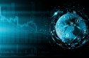 STEPN price prediction Bitcoin and blockchain concept image featuring bar, line and candlestick graphs overlaid on a blue-black background and globe of the planet