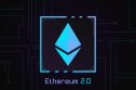 Ethereum 2.0 price prediction: Will ETH surge after The Merge? Ethereum 2.0 logo on dark background with circuits decoration. Glowing symbol with cyan and purple gradient. 