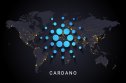 Cardano futures price Cardano crypto currency digital payment system blockchain concept. Cryptocurrency isolated on earth night lights world map background.