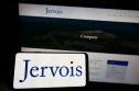 Jervois Global stock forecast Person holding cellphone with logo of Australian company Jervois Mining Ltd. on screen in front of business webpage.