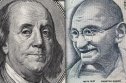 USD/INR forecast US dollar bill and India rupee banknote macro, Indian and USA economy finance trade business, money closeup
