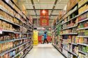 Indonesian inflation rate Carrefour supermarket in Jakarta, product shelves.