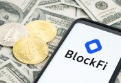 BlockFi The BlockFi logo surrounded by cash and cryptocurrencies