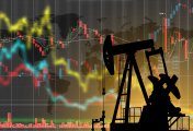 Oil pump on the background of stock charts Illustration of volatile oil prices with an oil pump on the background of stock charts