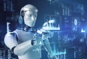 robot Artificial intelligence robot touching futuristic data screen