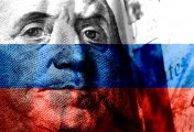 Fed minutes fail to boost USD, RUB plummets US dollar and russian flag in the background