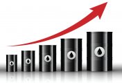 Oil barrels and positive trend Illustration of oil prices rising