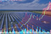 Solar energy stocks illustration Aerial view of a solar power station on the background of stock charts