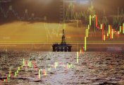 Volatile oil prices illustration Oil pump on the background of stock charts