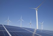 Renewable energy illustration Solar panels and wind turbines