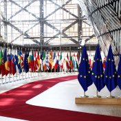 EU flags in the EU Council building in Brussels