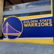 Sign for the Golden State Warriors basketball team at Chase Center in San Francisco, California, 5 August, 2022