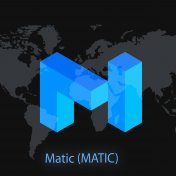 The MATIC logo on a black world map