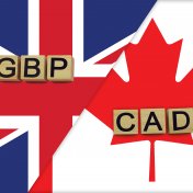 GBP/CAD forecast United Kingdom and Canada currencies codes on national flags background. International money transfer concept