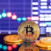 Gold Bitcoin crypto currency on background of chart diagram