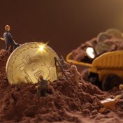 Miner figurines digging ground to uncover big Gold bitcoin. Cryptocurrency Mining concept