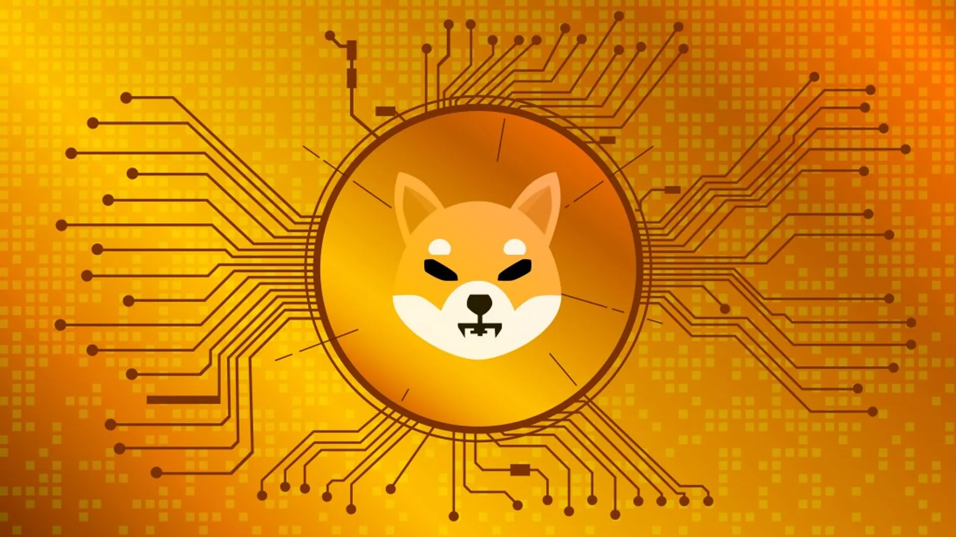 SHIB cryptocurrency logo SHIB cryptocurrency logo, showing a cartoon Shiba Inu dog on a coin, over a golden orange background with circuit board graphics detail