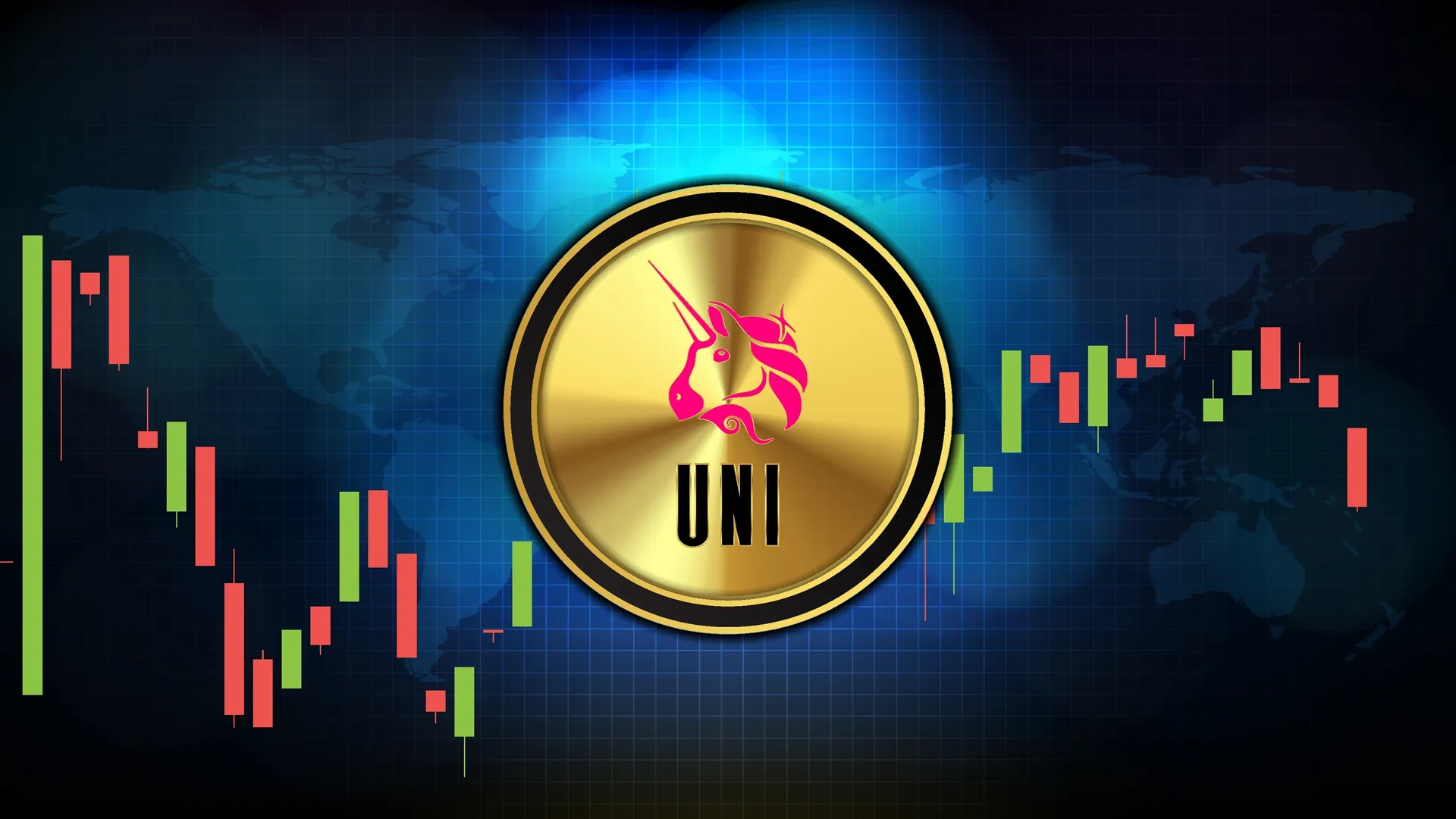 Das Uniswap-Logo eines Einhornkopfes vor einem Trading-Chart-Hintergrund
