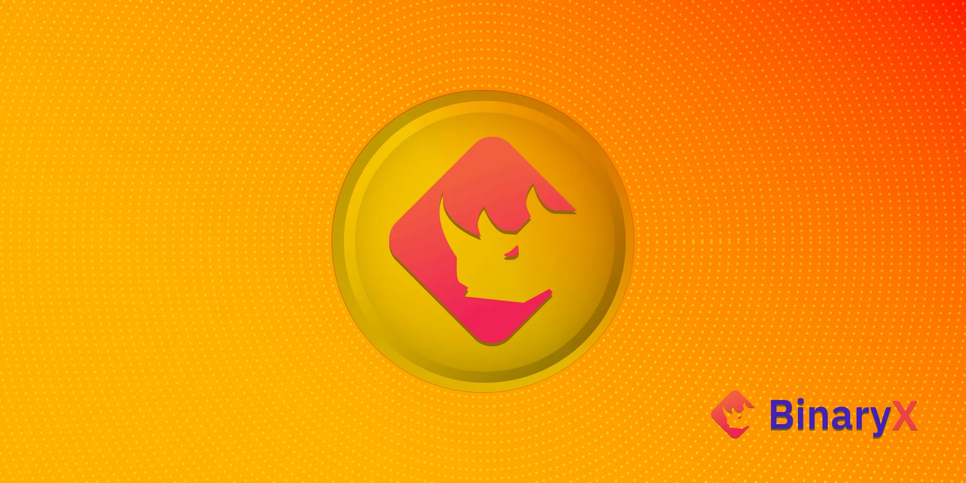 Binaryx (BNX) Representation of the BNX token, which features an image of a rhino’s head in a circle on a yellow and orange background