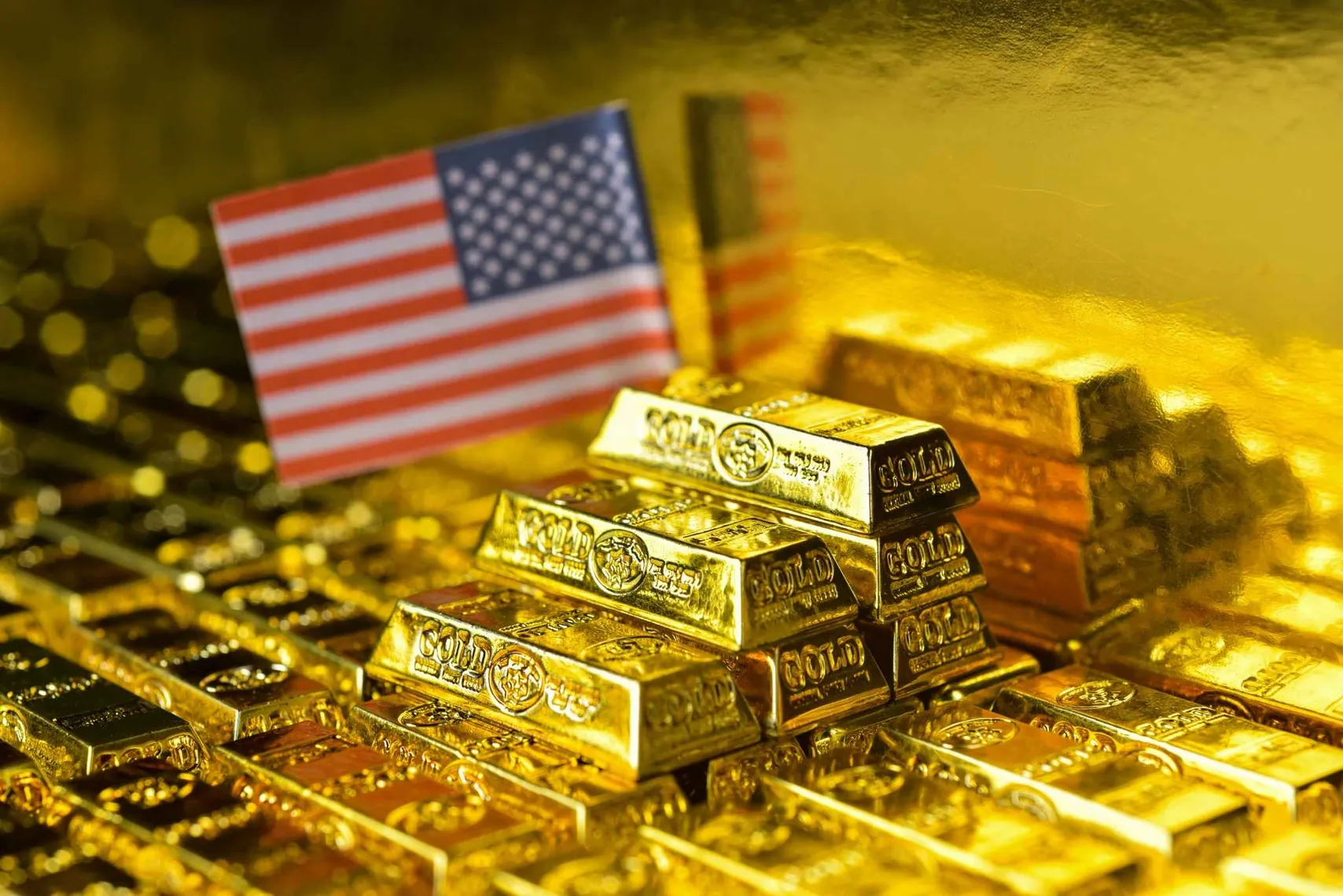 Gold bars, American flag Gold bars, American flag