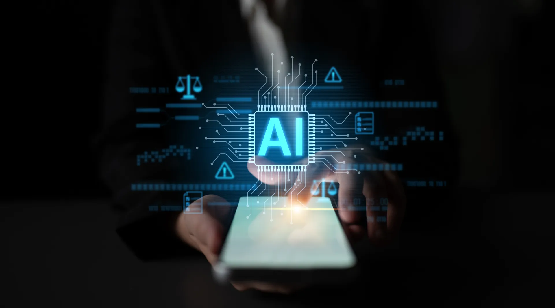 Persona sosteniendo un teléfono inteligente con una interfaz digital de inteligencia artificial.