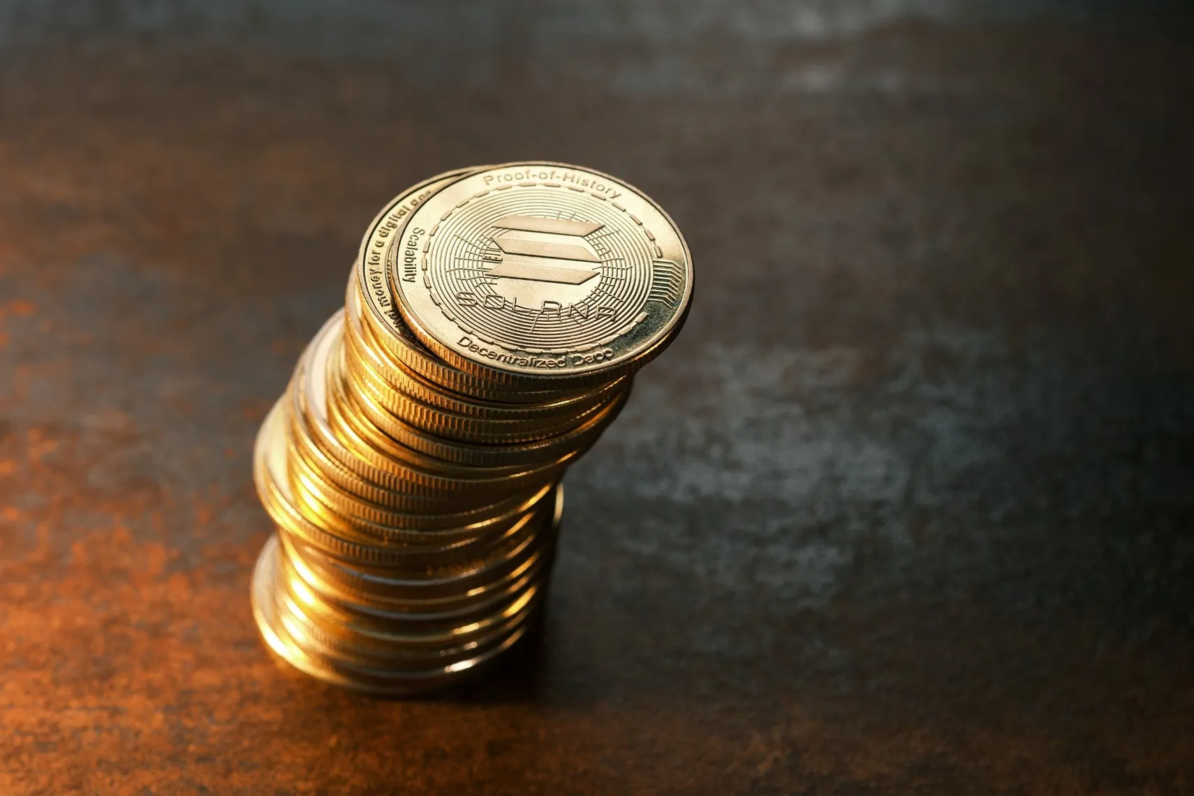 Stack of Solana cryptocurrency coins Stack of Solana cryptocurrency coins