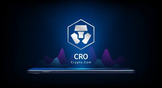 Crypto.com coin icon crypto currency token symbol come out from smartphone with growth chart. Trading cryptocurrency on application. 