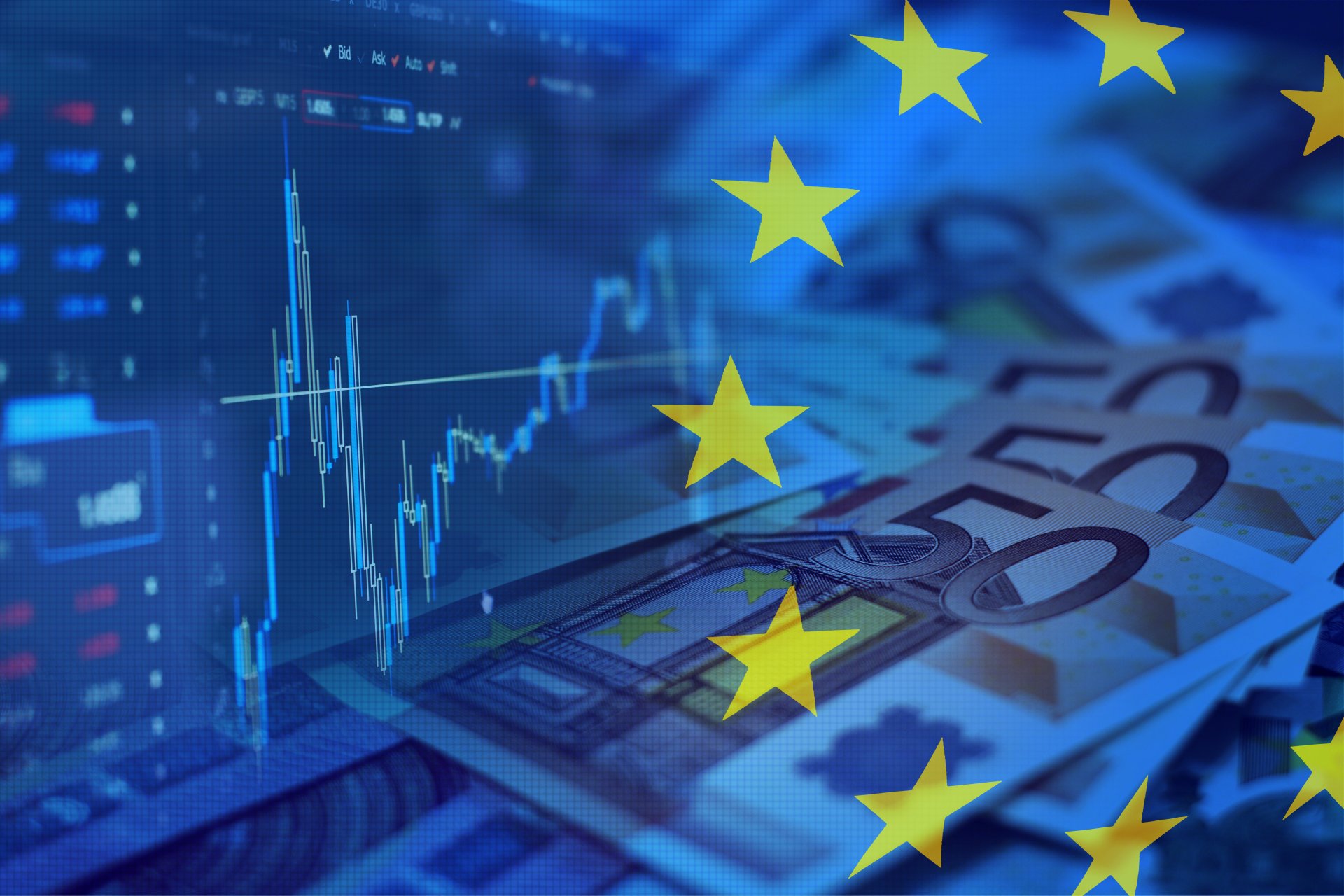 Stock market. Currency market. European flag. Stock market chart.