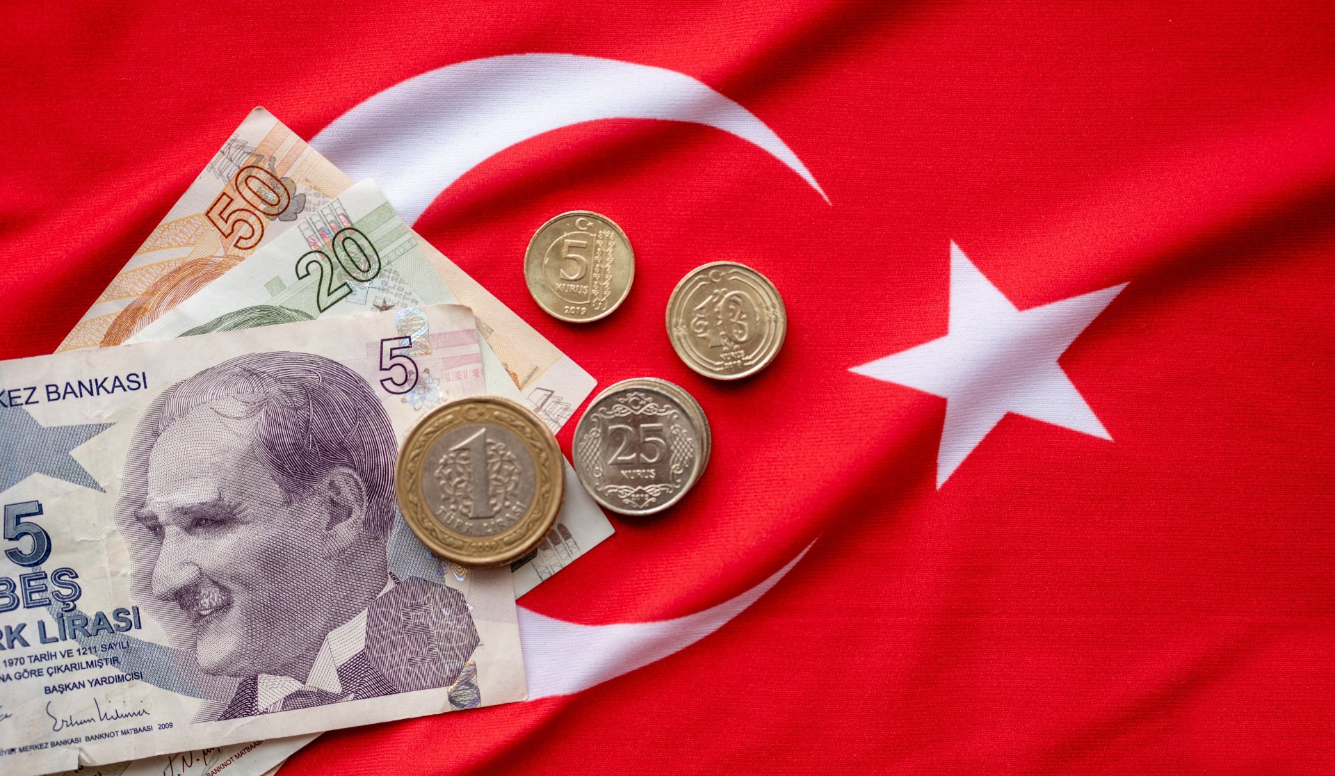 Turkish lira coins and notes on a Turkish flag