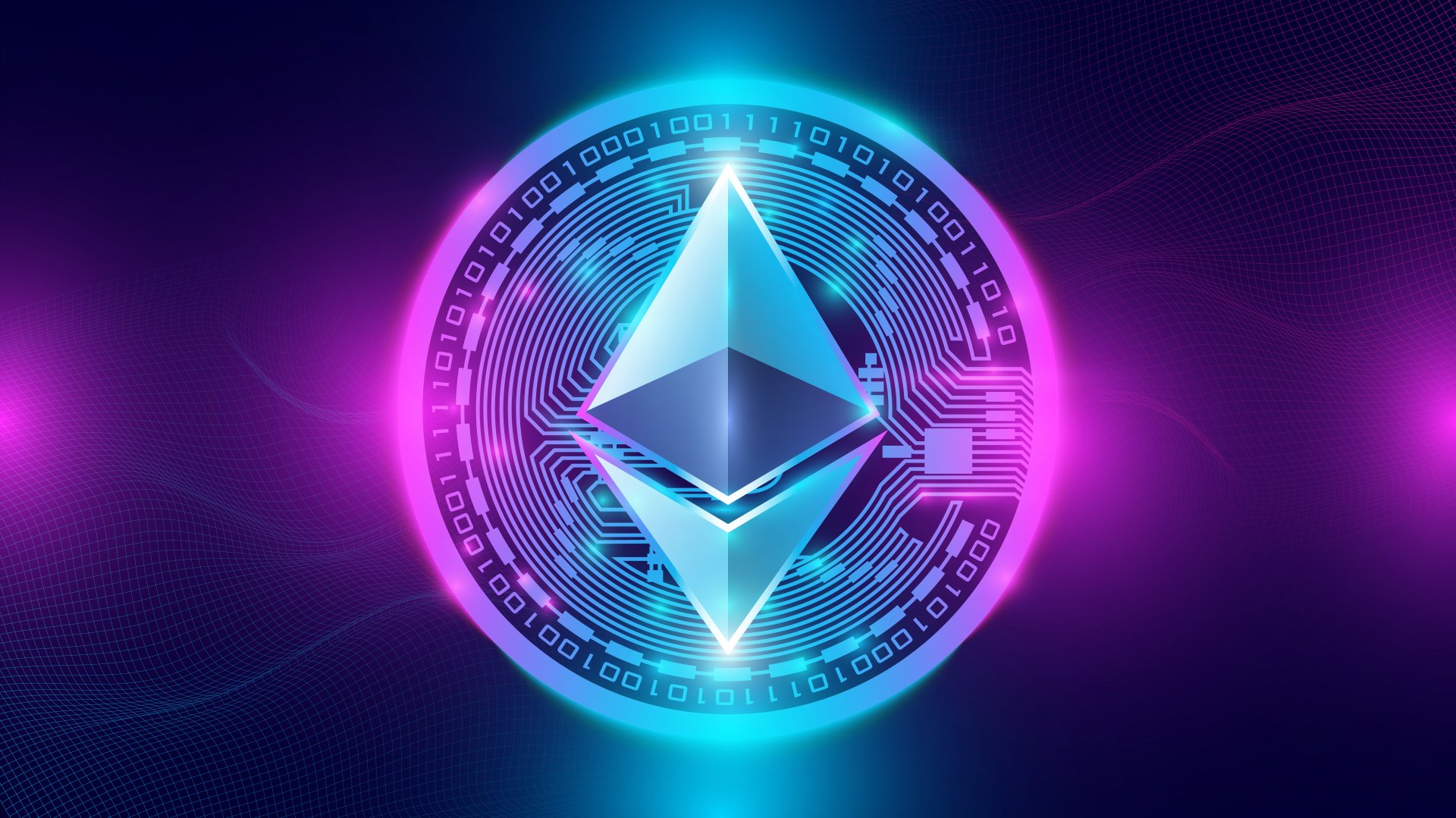 Ethereum logo against a purple neon background