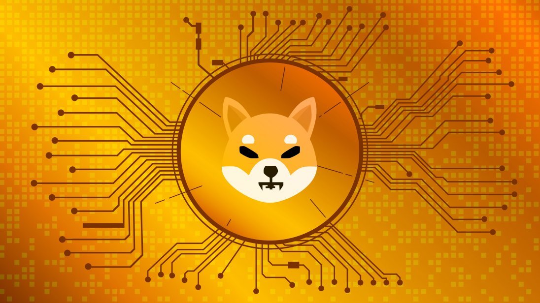 SHIB cryptocurrency logo, showing a cartoon Shiba Inu dog on a coin, over a golden orange background with circuit board graphics detail