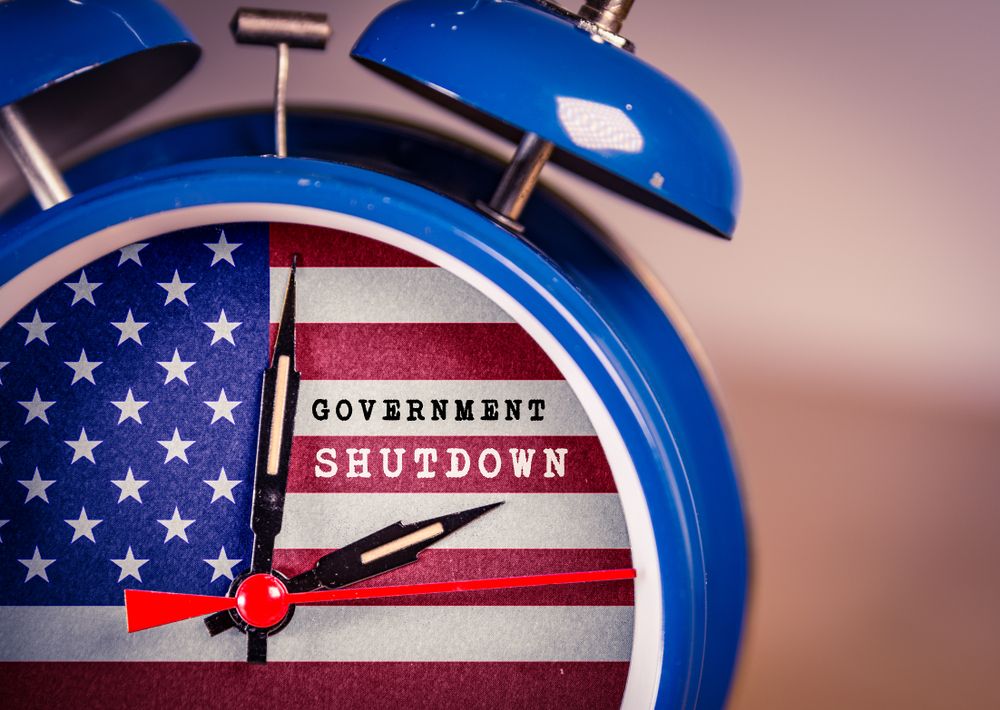 Retro alarm Clock with Government Shutdown text,and American Flag. Retro alarm Clock with Government Shutdown text,and American Flag.
