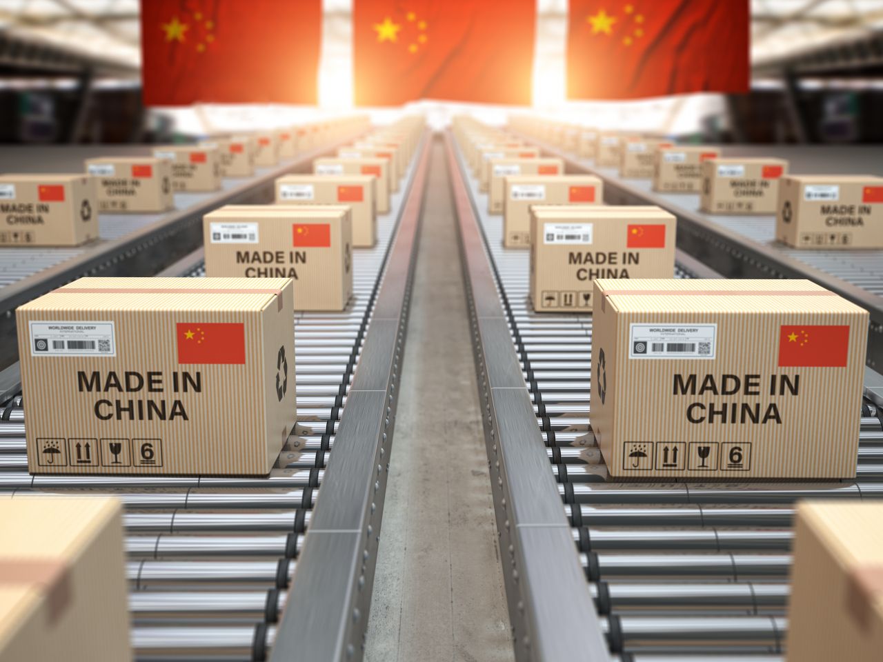 China interest rate forecast for next 5 years Cardboard boxes with Chinese-made text and a Chinese flag on a roller conveyor.