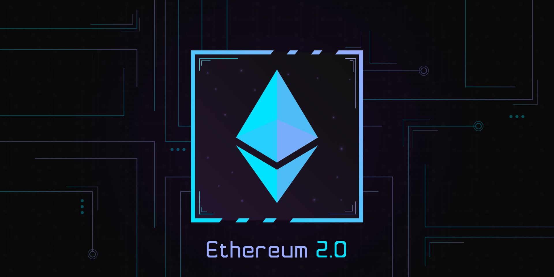 Ethereum 2.0 logo, which depicts a blue pyramid in reflection, on dark background