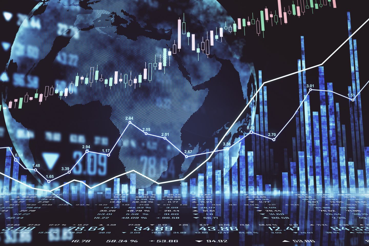 US Russell 2000 forecast: Will the index recovery sustain? Global stock market concept with circle world map and financial chart and diagram at dark background. 3D rendering