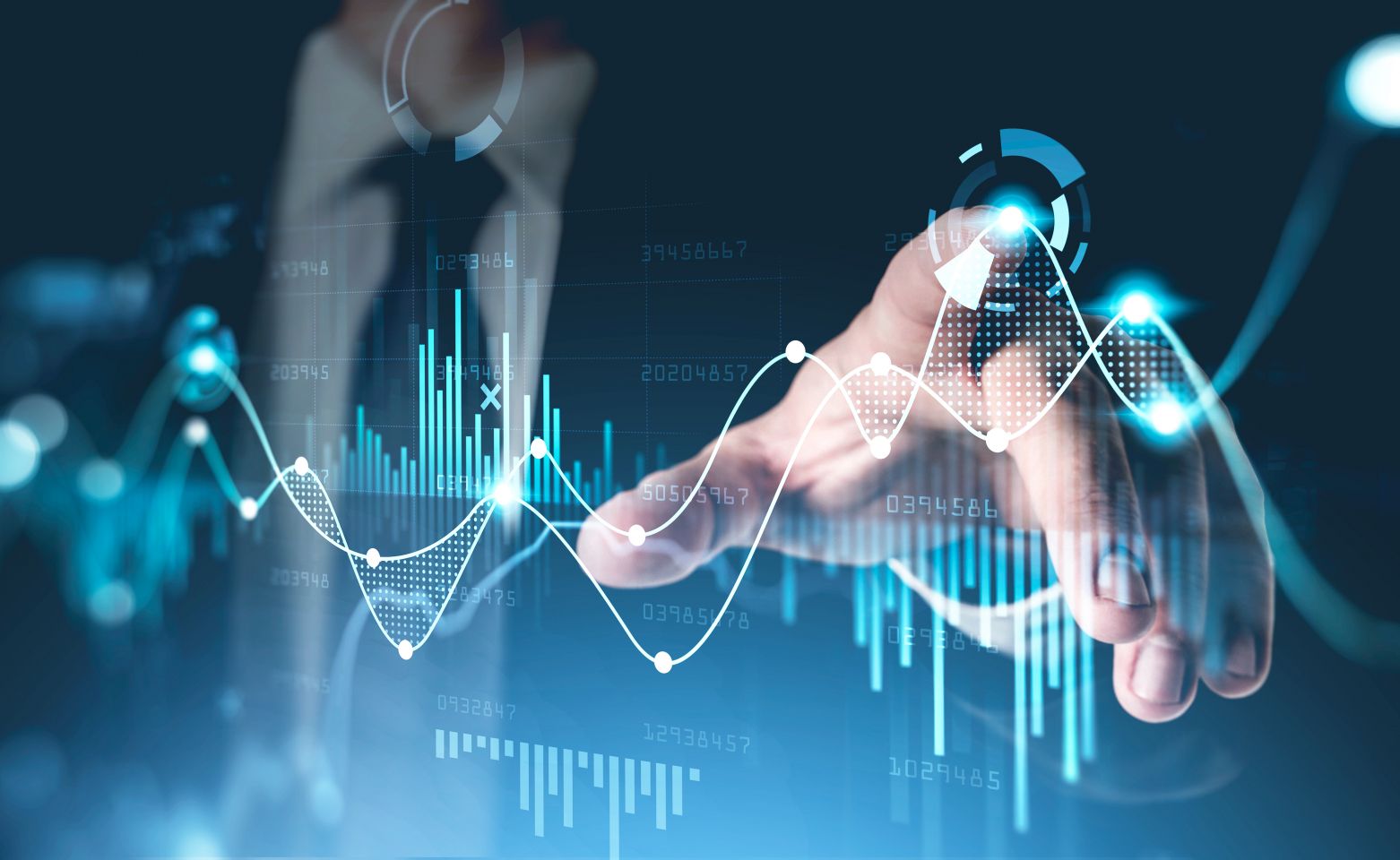 Platinum vs palladium: Which metal to choose? Office man finger touch finger, virtual screen with stock market changes, business candle chart chart. Double exposure of blue and white lines, growing numbers, online trading