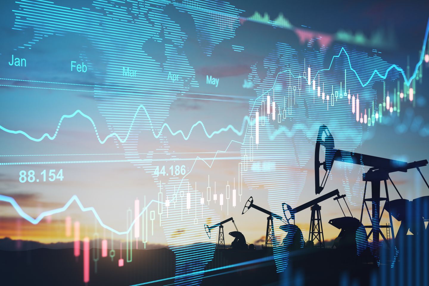 Rise in gasoline prices concept with double exposure of digital screen with financial chart graphs and oil pumps on a field Rise in gasoline prices concept with double exposure of digital screen with financial chart graphs and oil pumps on a field