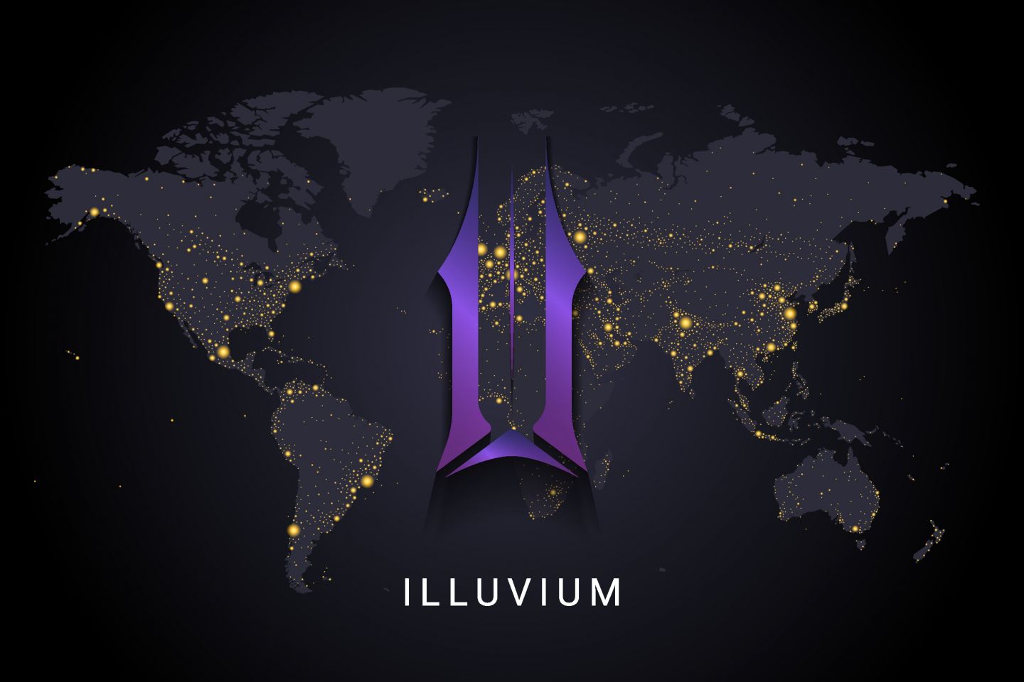 What is ILV Illuvium crypto currency digital payment system blockchain concept. Cryptocurrency isolated on earth night lights world map background. Vector illustration