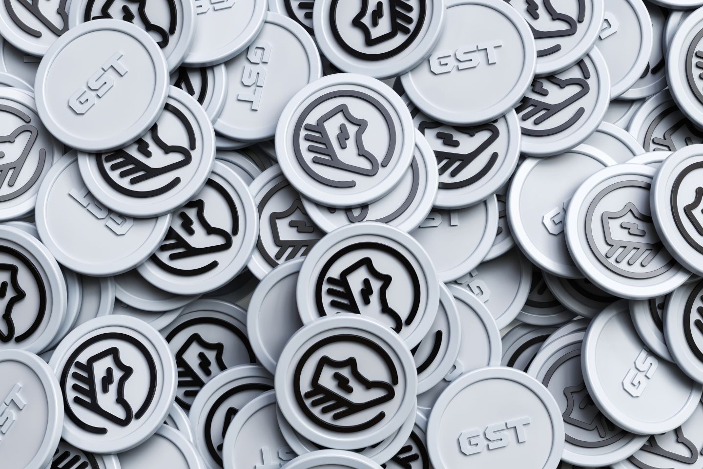 what is Green Satoshi Token (GST) Green Satoshi Token bunch of coins viewed from above. High quality 3D rendering.