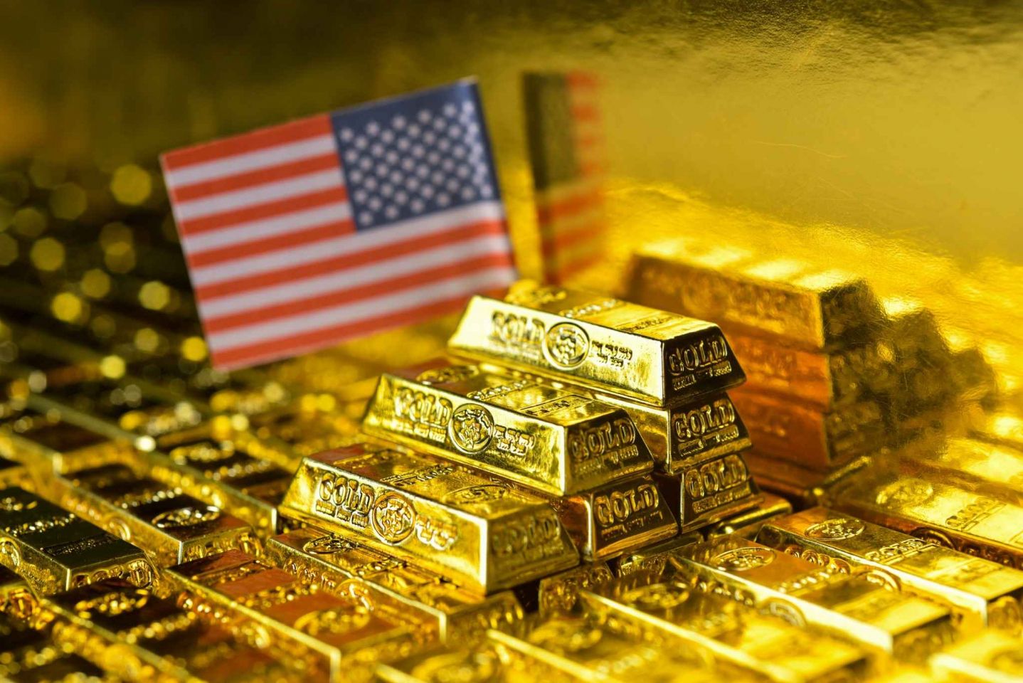 Gold bars, American flag Gold bars, American flag