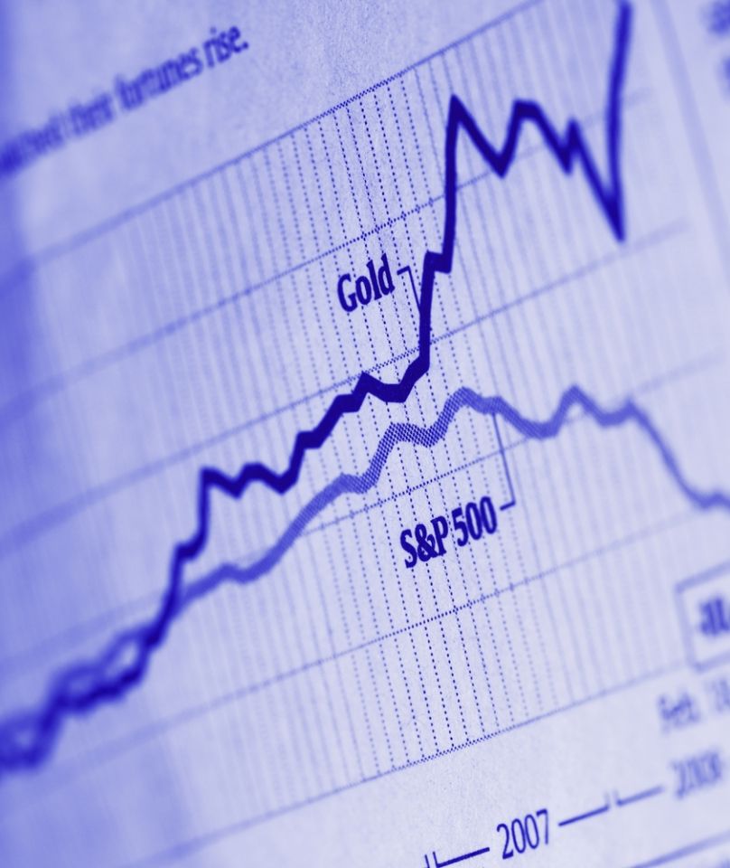 S&P 500 vs gold a chart showing two lines on a stock chart of the S&P 500 and gold