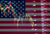 USA flag on the background of stock charts. Financial system in USA USA flag on the background of stock charts. Financial system in USA