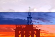 Russian oil illustration Oil platform at sea on the background of the Russian flag